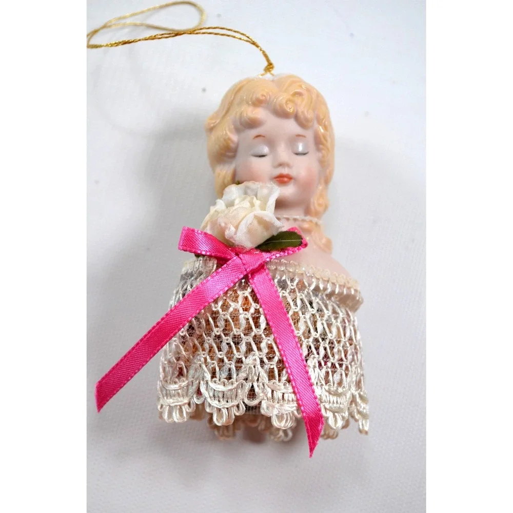 Vintage Victorian Style Hanging Christmas Tree Ornament Satchel Bisque Face 9